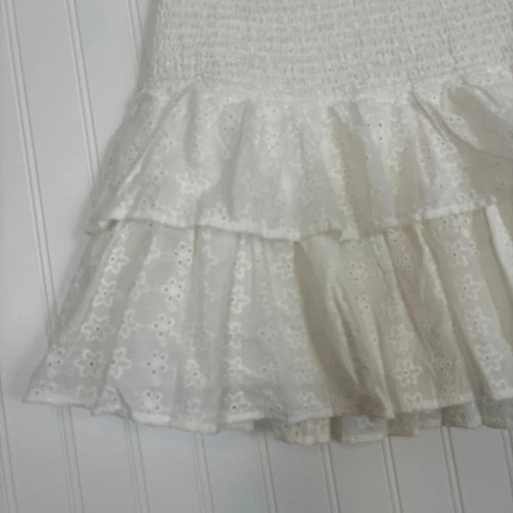 Eyelet Ruffle Mini Skirt SMALL White Cotton Smocked Boho Cottagecore Milkmaid
